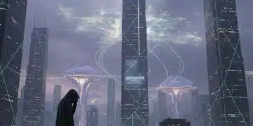 Futuristic cityscape with a thoughtful silhouette, symbolizing the 2026 mental health crisis and societal challenges.
