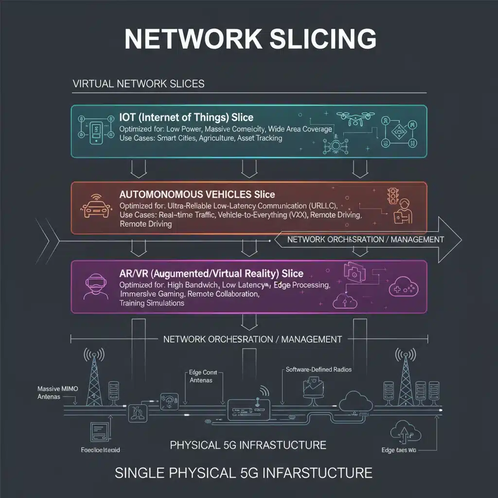 Diagram showing 5G network slicing architecture with multiple virtual networks for diverse applications.