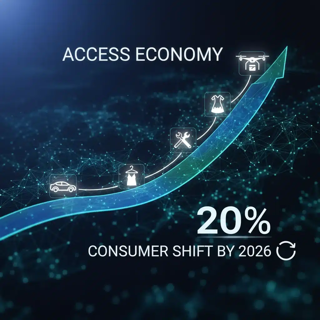 Data charts and icons showing growth of access economy sectors, predicting 20% consumer adoption.