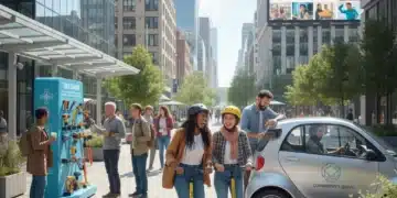 Diverse people using shared products in an urban setting, representing the access economy.