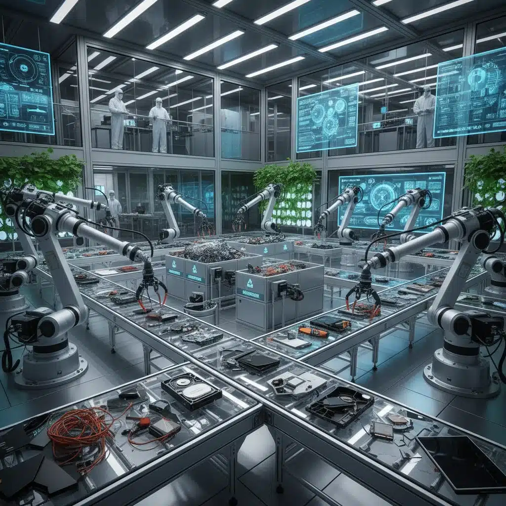 Robotic arms sorting electronic components in an advanced e-waste recycling facility