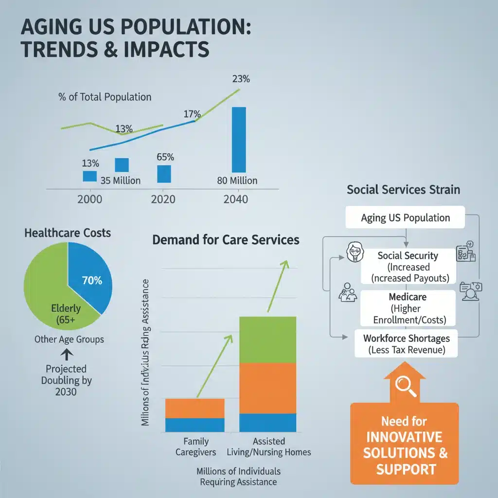 Infographic showing US aging population growth, healthcare costs, and social service demand.