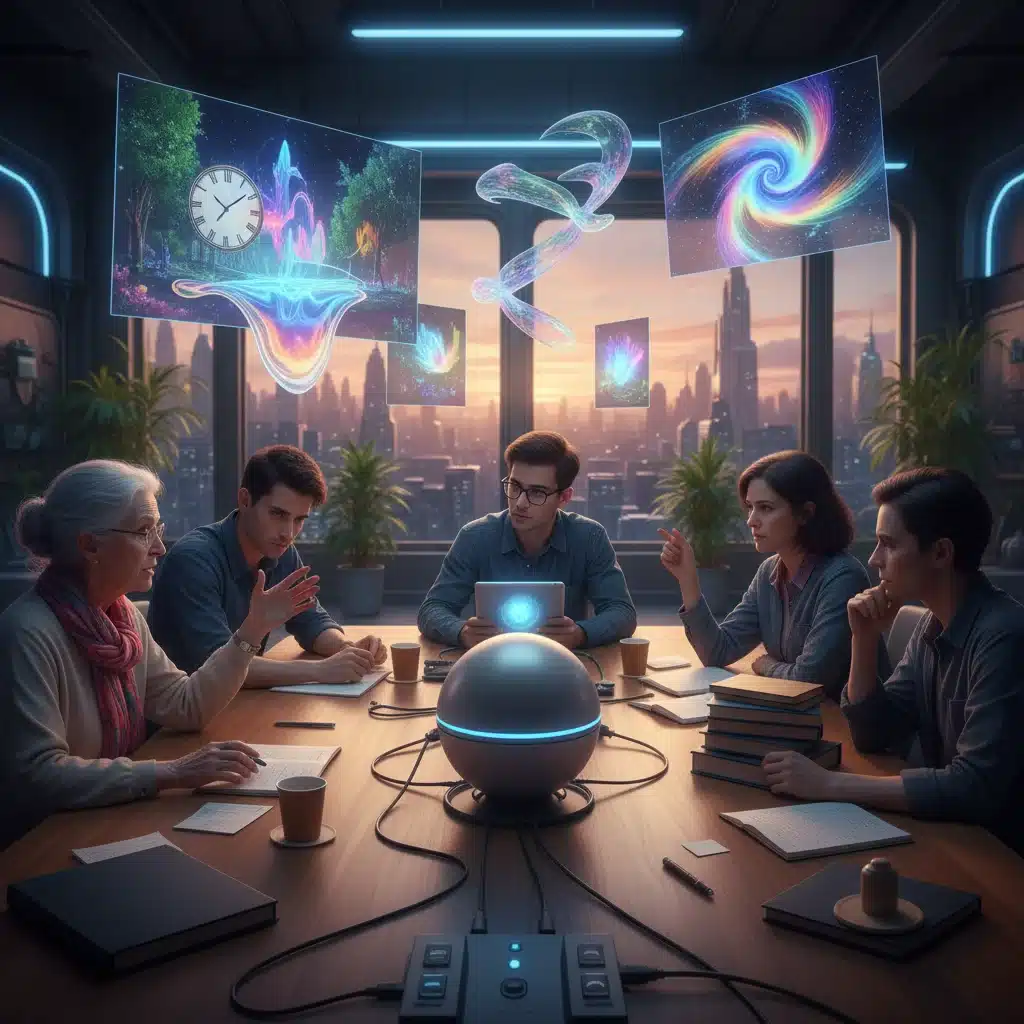 Artists, technologists, and ethicists debating AI-generated art with holographic projections.