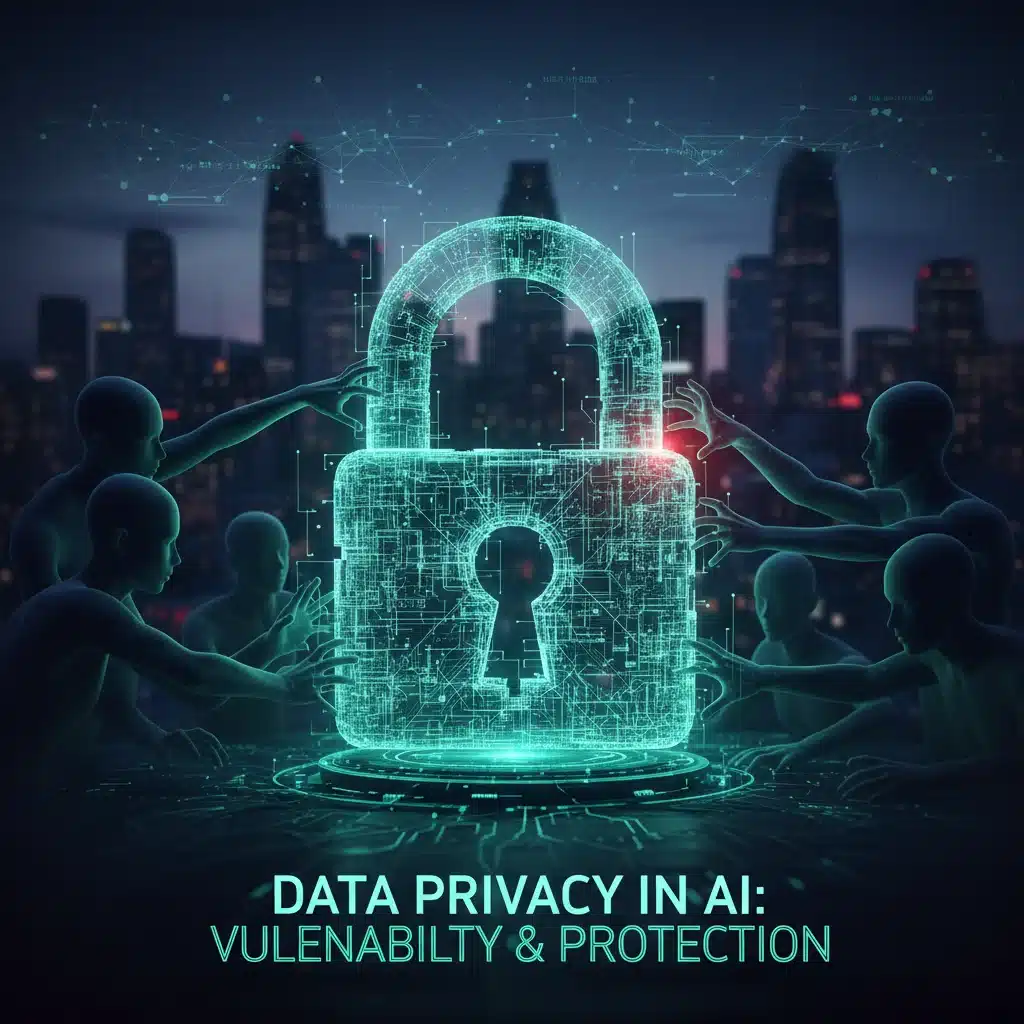 Digital lock representing AI data privacy concerns in urban US setting.