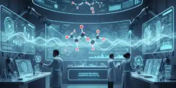 AI-powered drug discovery in a futuristic lab, accelerating pharmaceutical R&D.
