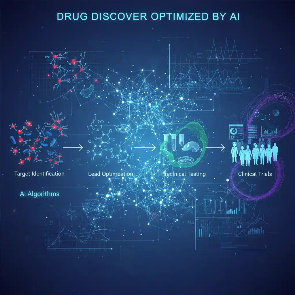 AI algorithms optimizing drug discovery pipeline stages, from target to trials.