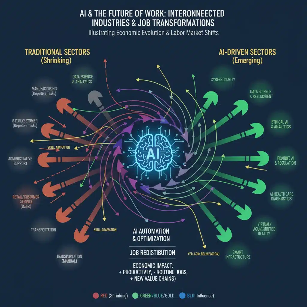 Infographic showing AI's impact on interconnected industries and job sectors