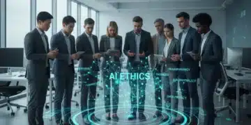 Professionals discussing AI ethics frameworks for compliance