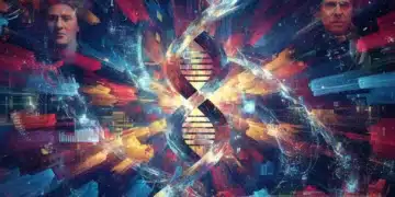 Abstract digital art representing AI and human creativity fusion with subtle faces and the year 2026.