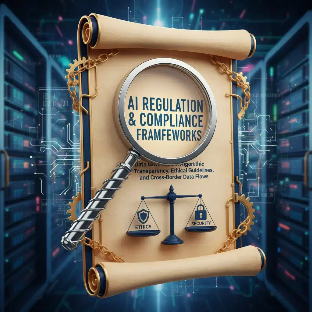 Magnifying glass examining AI regulation and compliance documents