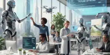 Professionals collaborating with AI robots in a modern office