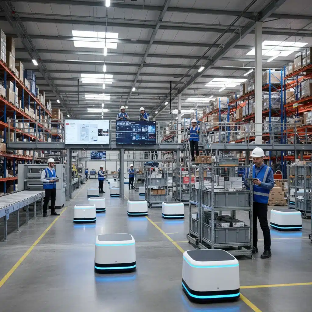 Autonomous mobile robots transporting goods in a collaborative warehouse environment.