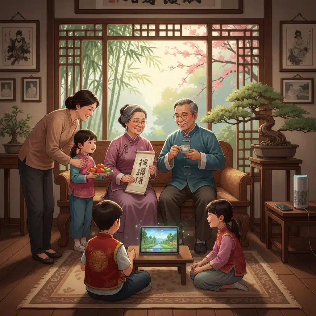 Asian multi-generational family embracing tradition and technology