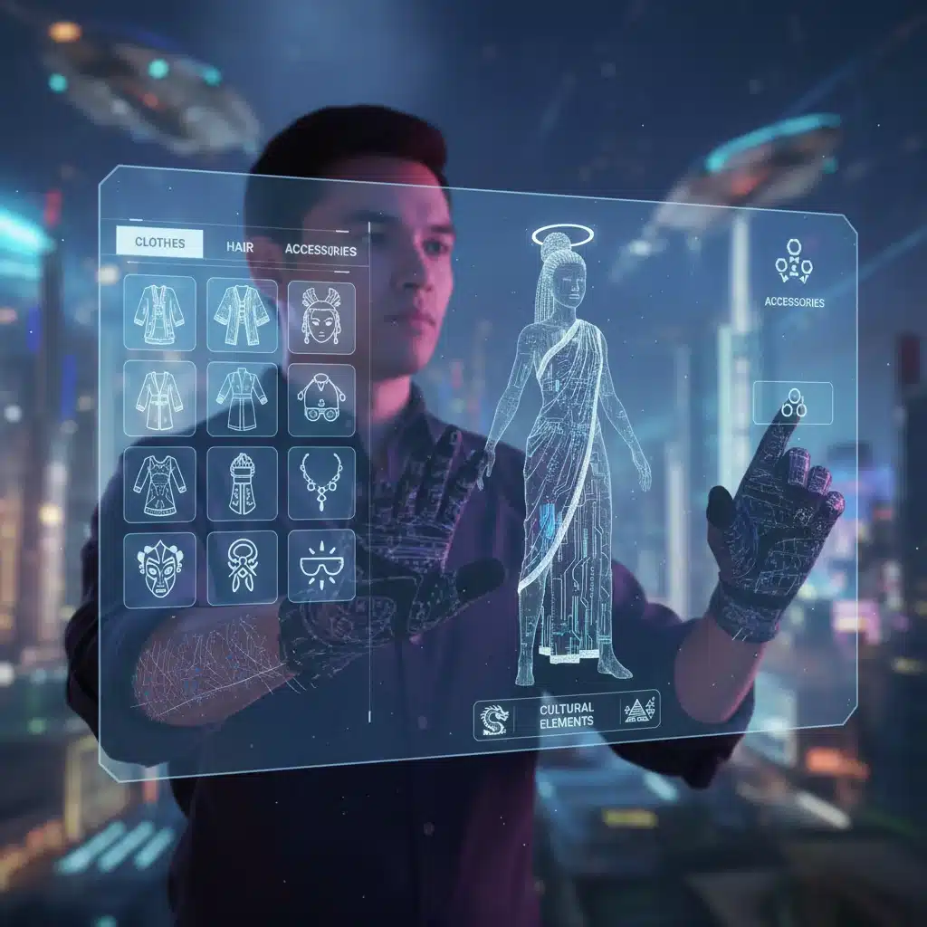 Avatar customizing digital appearance, blending cultural and futuristic styles in the metaverse.