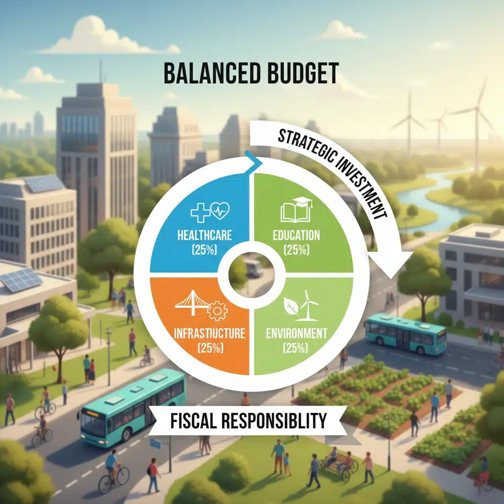 Infographic showing balanced government budget and strategic investments