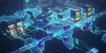 Global supply chain network enhanced by blockchain technology, showing transparent data flow.