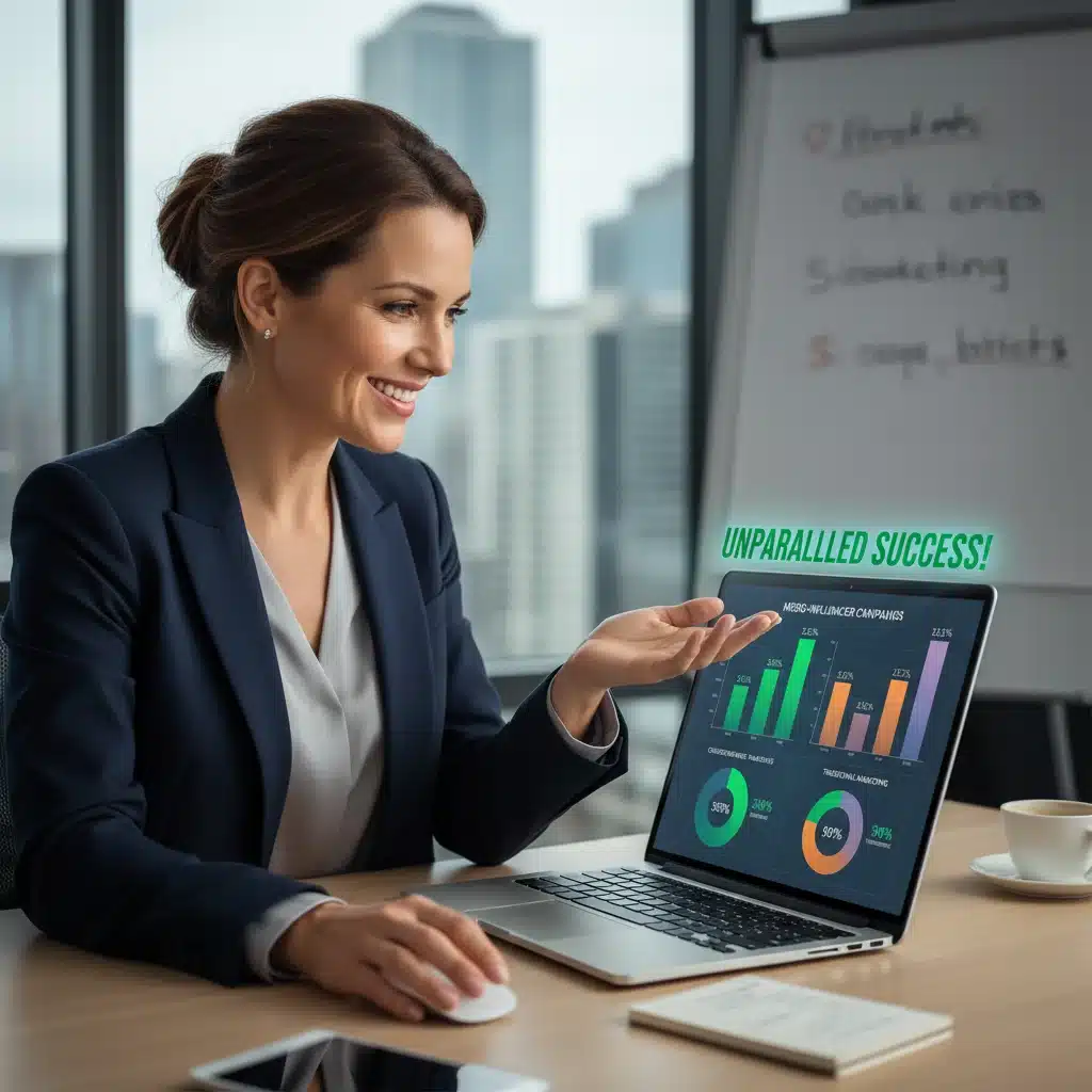 Brand manager analyzing data, showing high ROI from micro-influencer marketing campaigns.