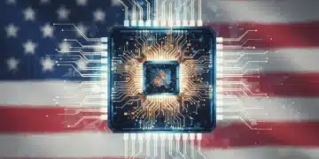 Microchip glowing with circuits, American flag in background, symbolizing CHIPS Act investment.