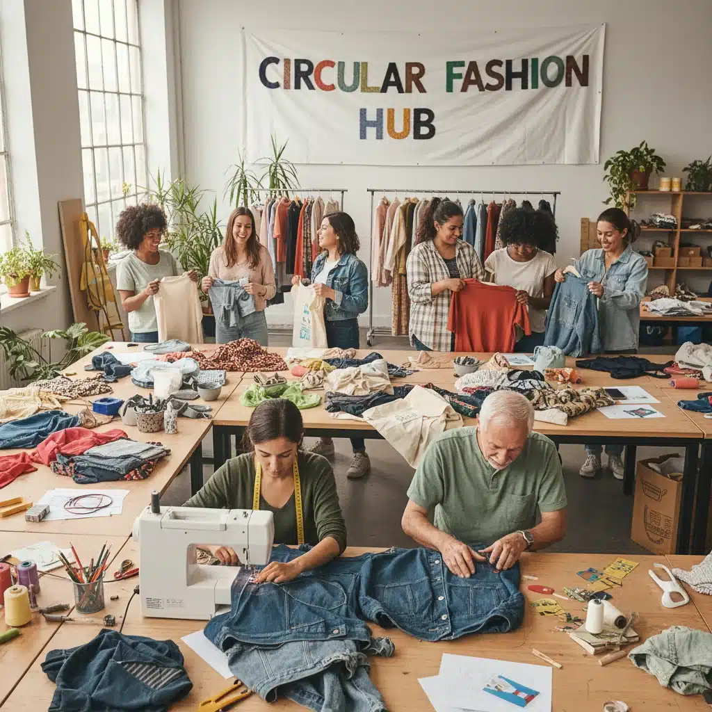Community workshop demonstrating upcycling and circular fashion practices with people exchanging clothes.