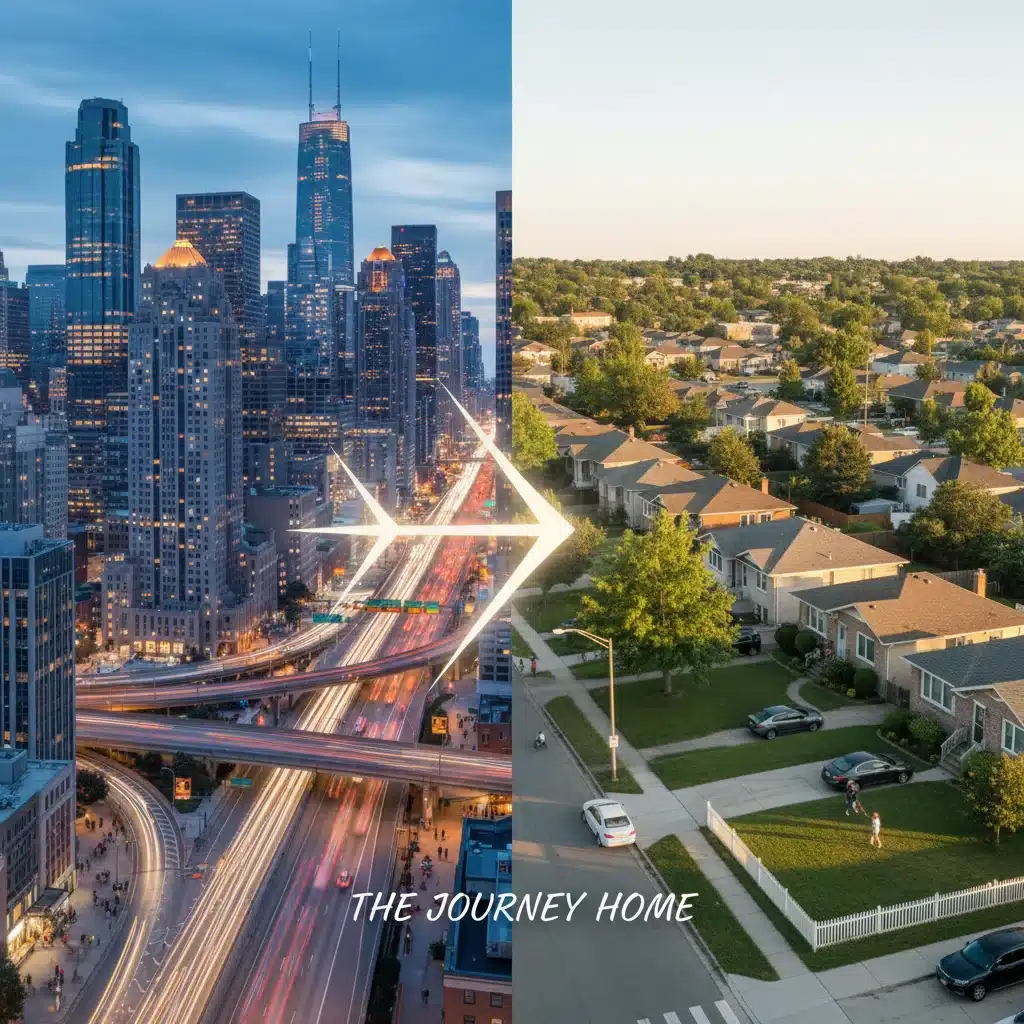 Contrasting city skyline with suburban neighborhood