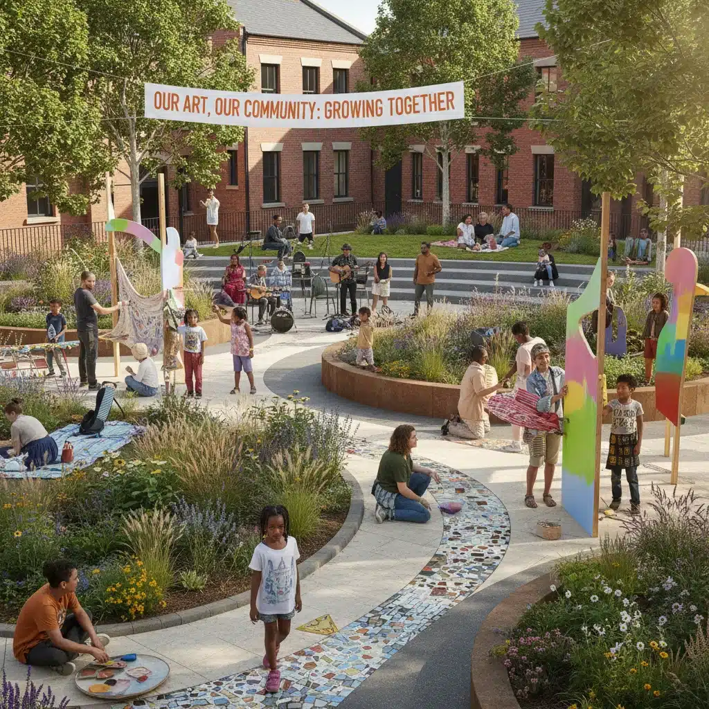 Diverse community engaging with outdoor art installation in city square.