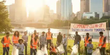 Diverse community members collaborating on a local clean-up project, symbolizing collective action and positive societal change.