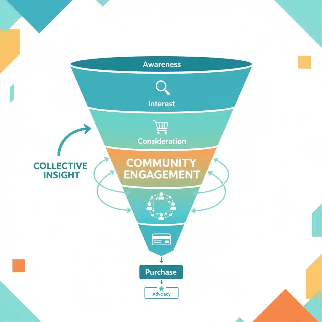 Customer journey funnel highlighting community engagement's role in purchase conversion
