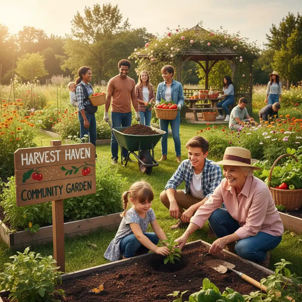 Multi-generational community members working together in a thriving community garden.