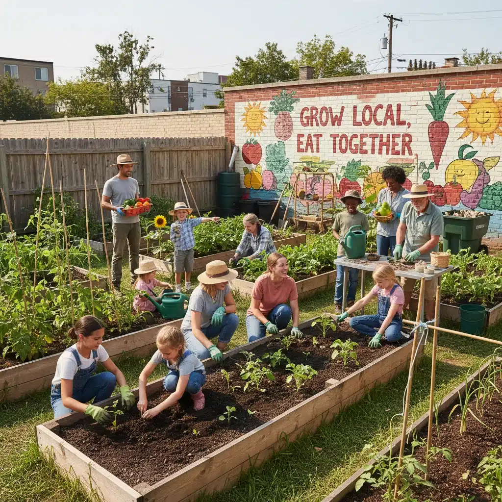 Volunteers and children tending to a vibrant community garden, promoting sustainable living and local food security.
