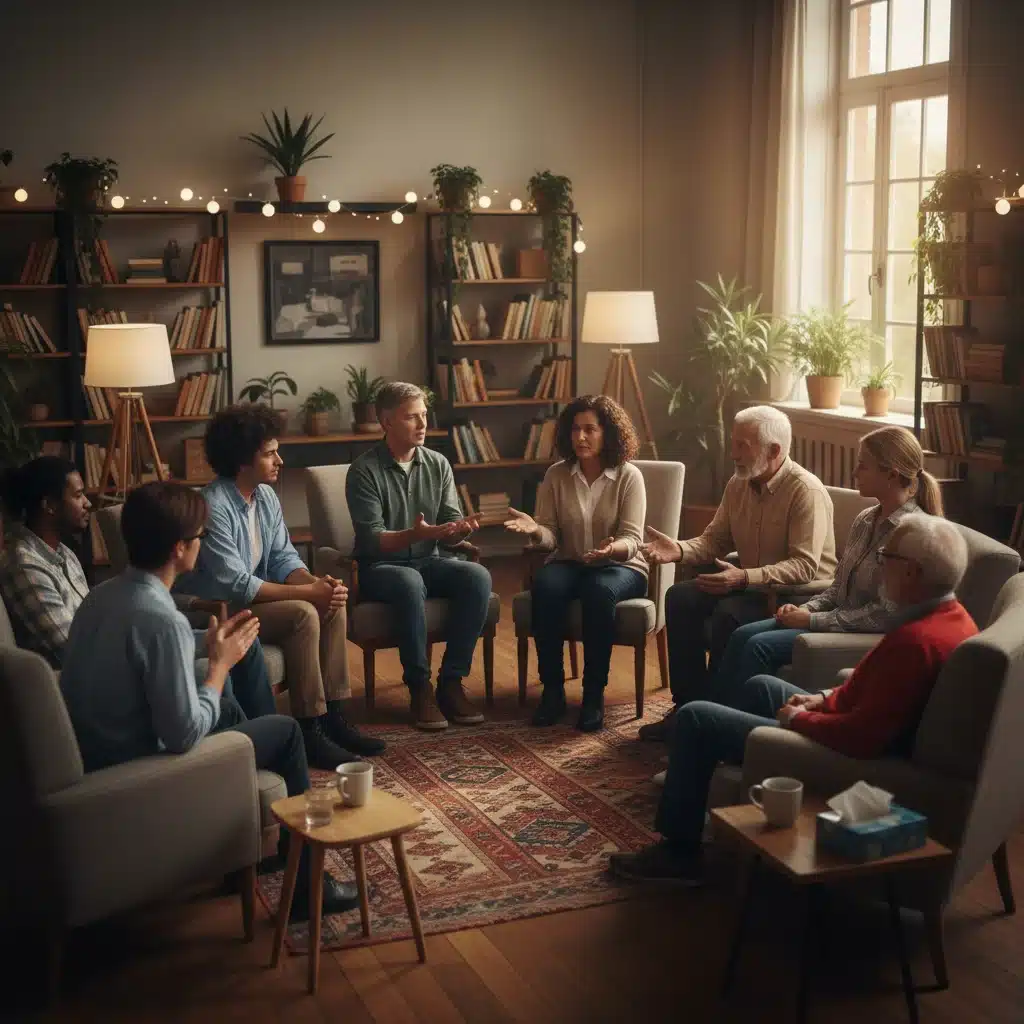 Diverse community support group discussing mental health challenges and offering mutual aid.
