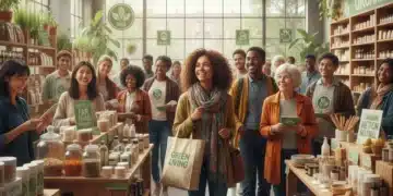 Diverse shoppers engaging with sustainable products in a modern eco-friendly market, representing conscious consumerism.