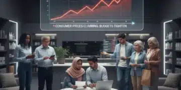 Concerned consumers analyzing financial data amidst rising inflation, adjusting household budgets.
