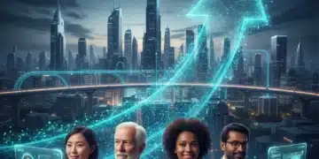 Graphic showing increasing consumer trust in AI with an upward trend and digital city background.