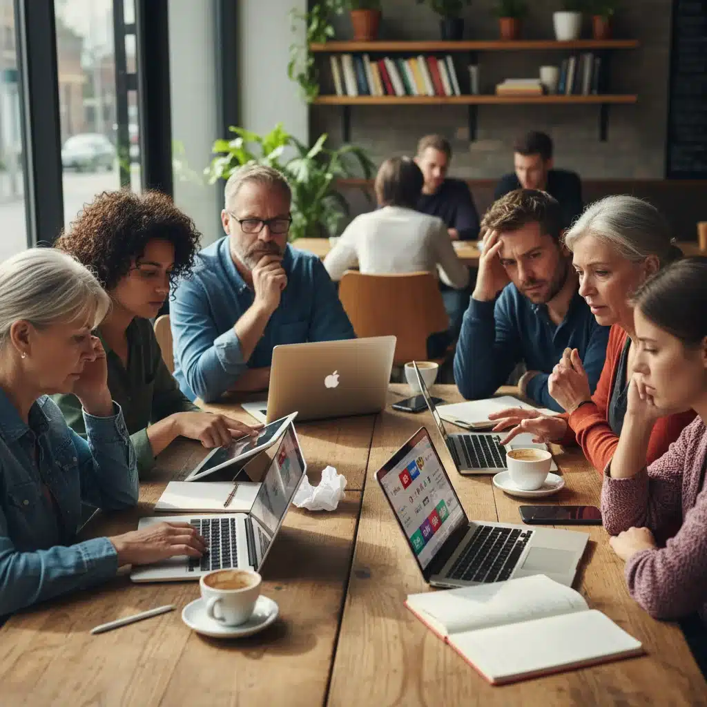 Diverse consumers discussing and re-evaluating their digital subscriptions on devices.