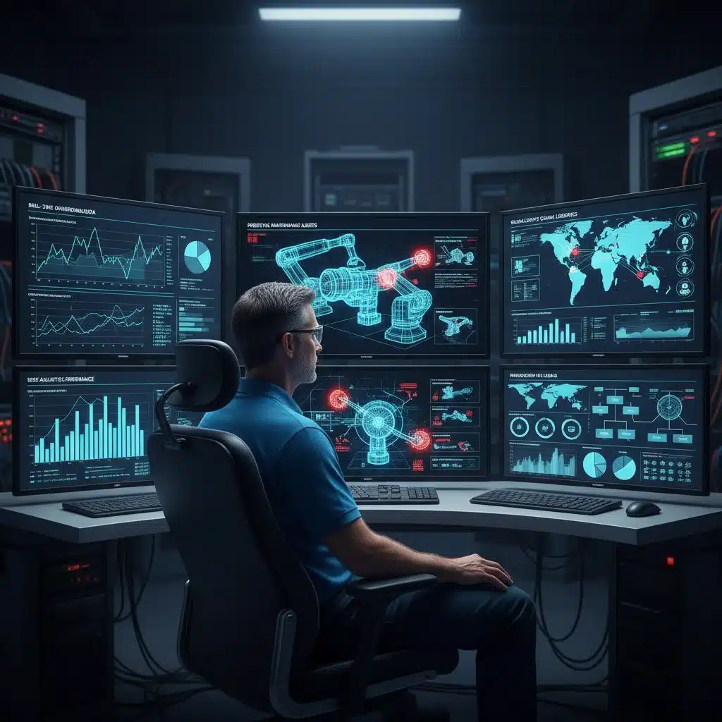 Control room technician monitoring real-time manufacturing data and predictive analytics dashboards.
