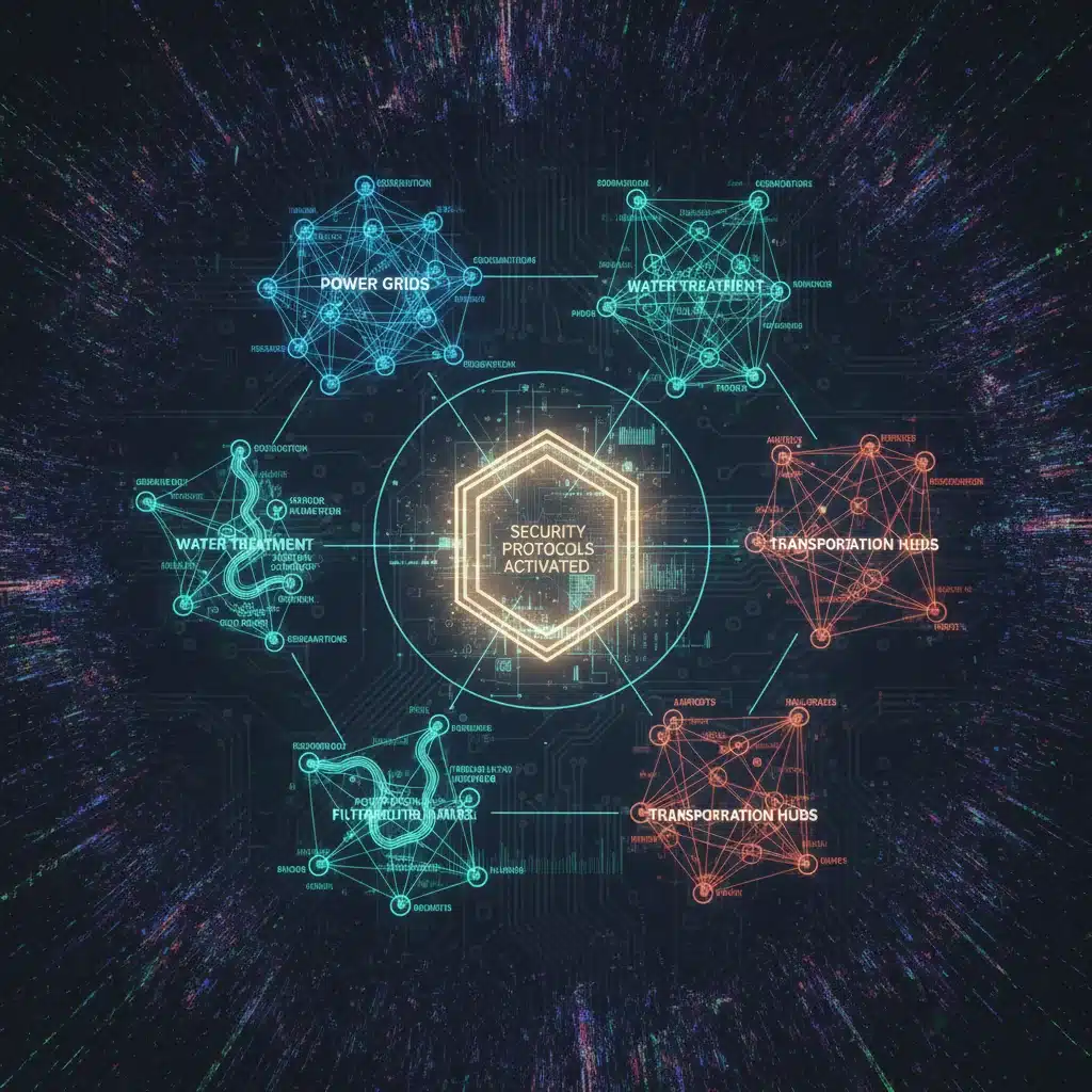 Complex network diagram of critical infrastructure with protective digital shield and quantum distortions.