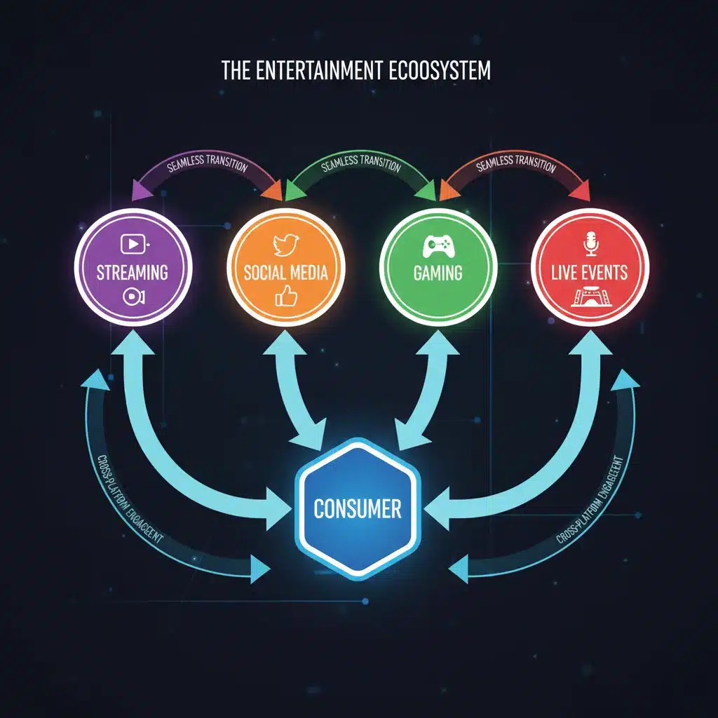 Infographic illustrating cross-platform media consumption and interconnected entertainment ecosystems.