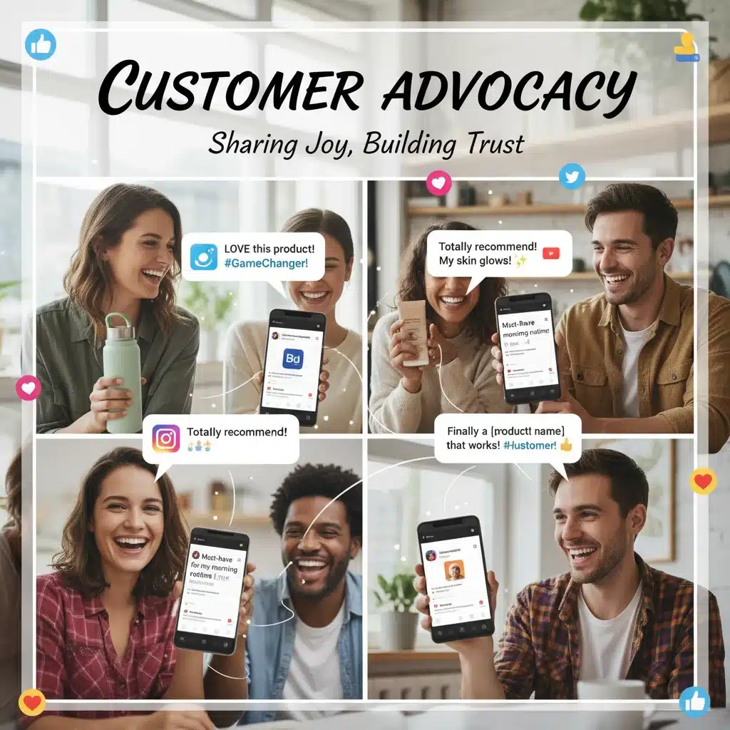 Diverse customers sharing positive product reviews and recommendations on social media, demonstrating strong customer advocacy and word-of-mouth marketing.