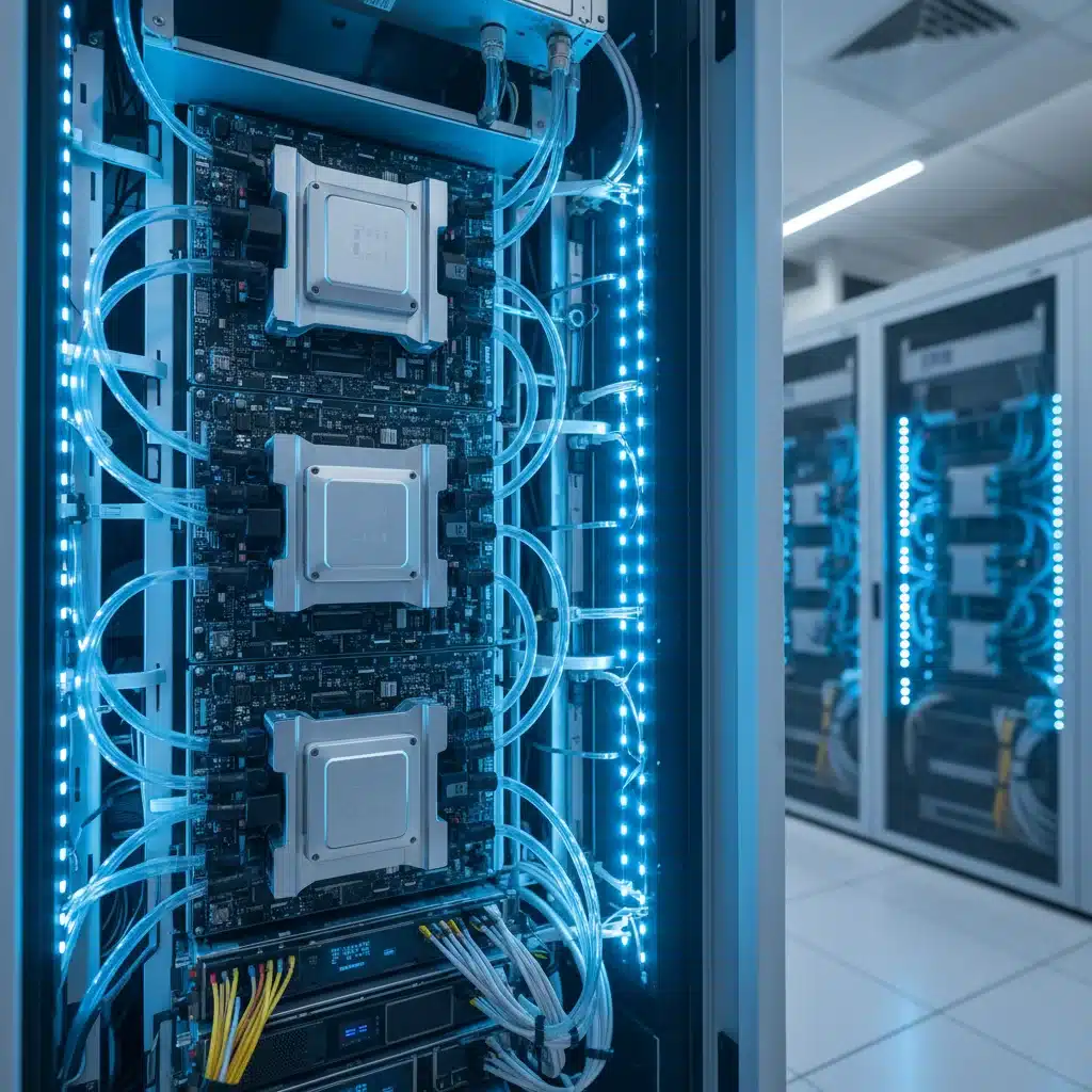 Advanced liquid cooling system in data center server racks, enhancing energy efficiency.