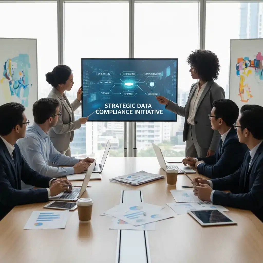 Business team strategizing data privacy compliance and regulatory adherence.