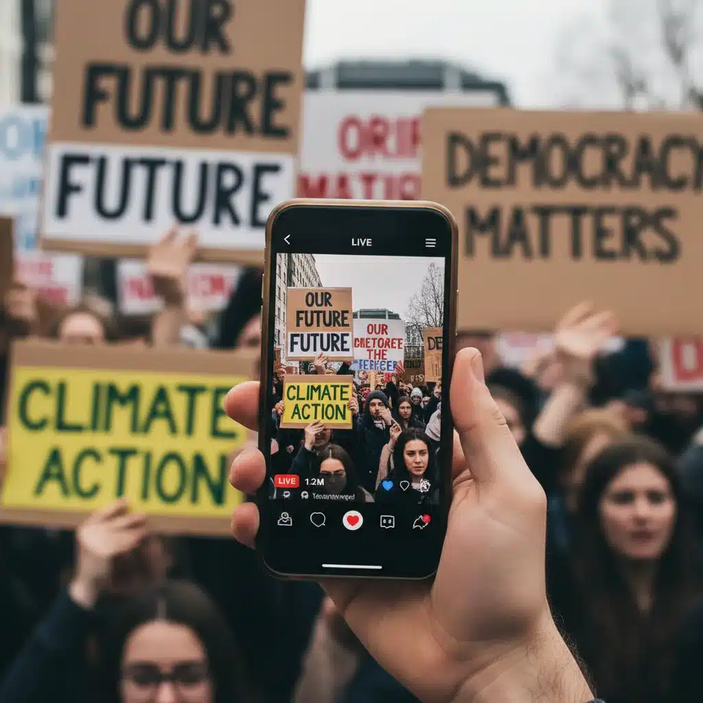 Smartphone showing live political protest, symbolizing digital activism