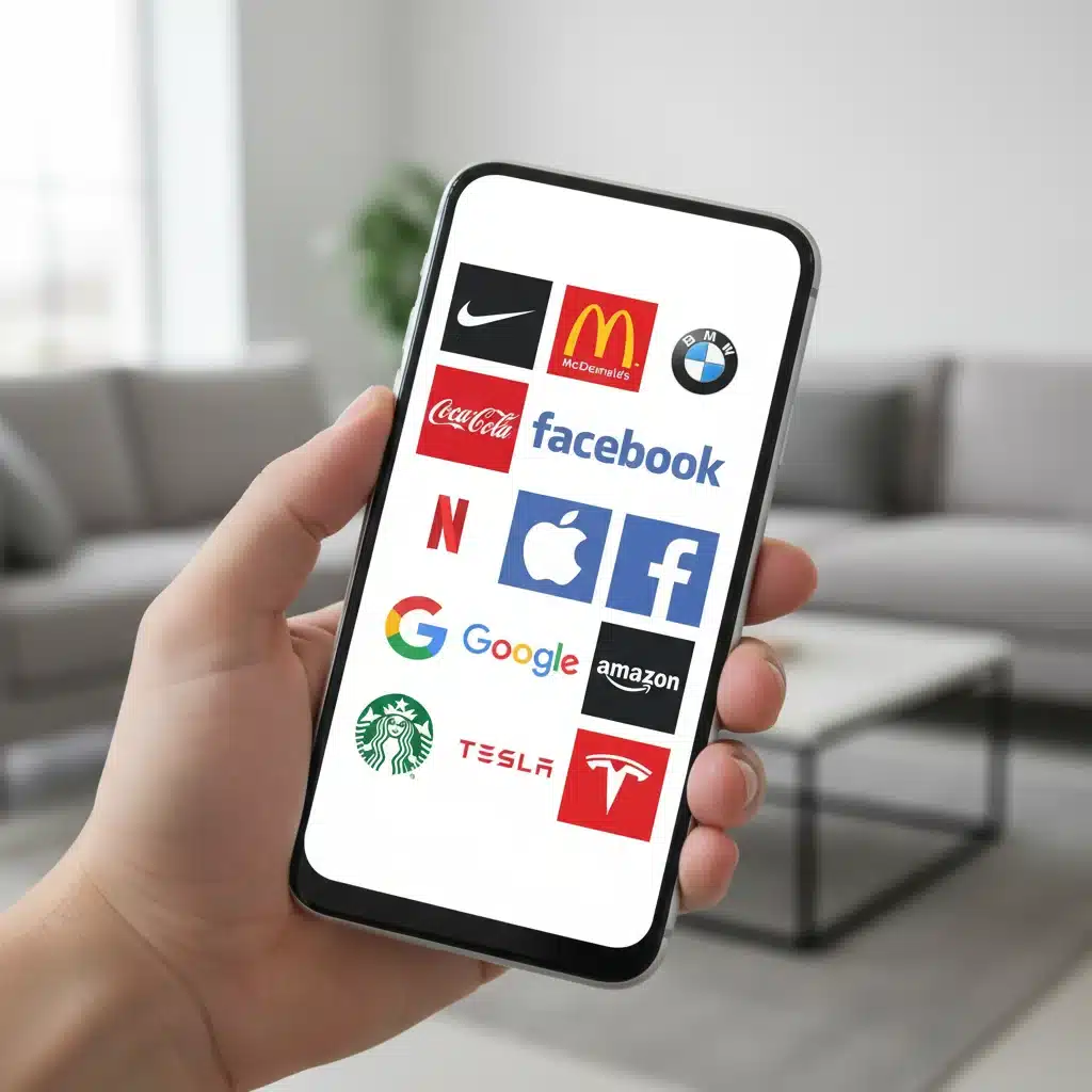 Smartphone displaying diverse brand logos, symbolizing digital brand discovery and consumer choice.