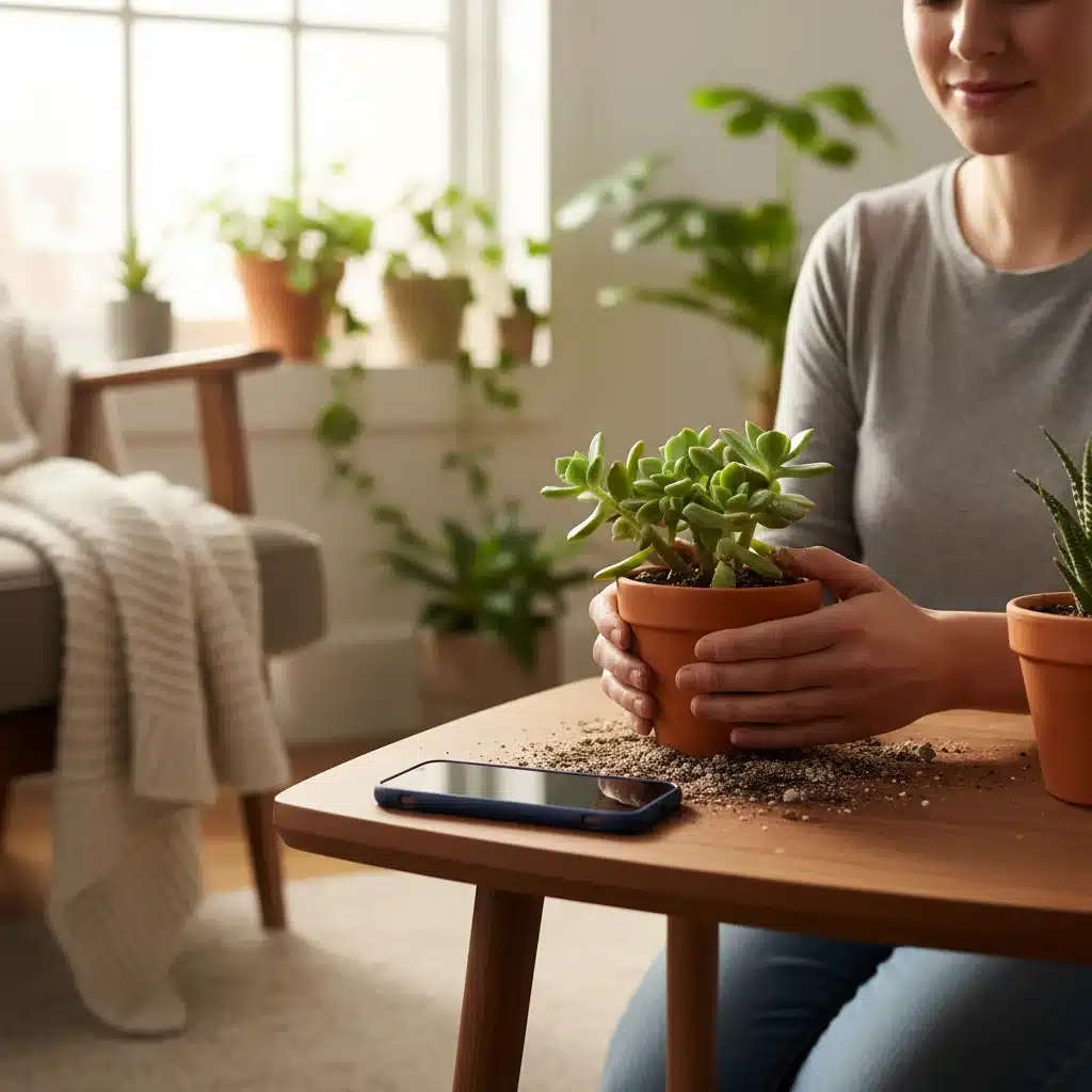 Person tending to an indoor plant, phone face down, symbolizing digital gardening and real-world focus