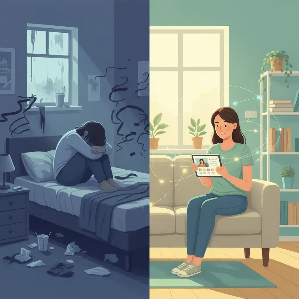 Contrast between isolated mental health struggle and accessing digital mental health support.