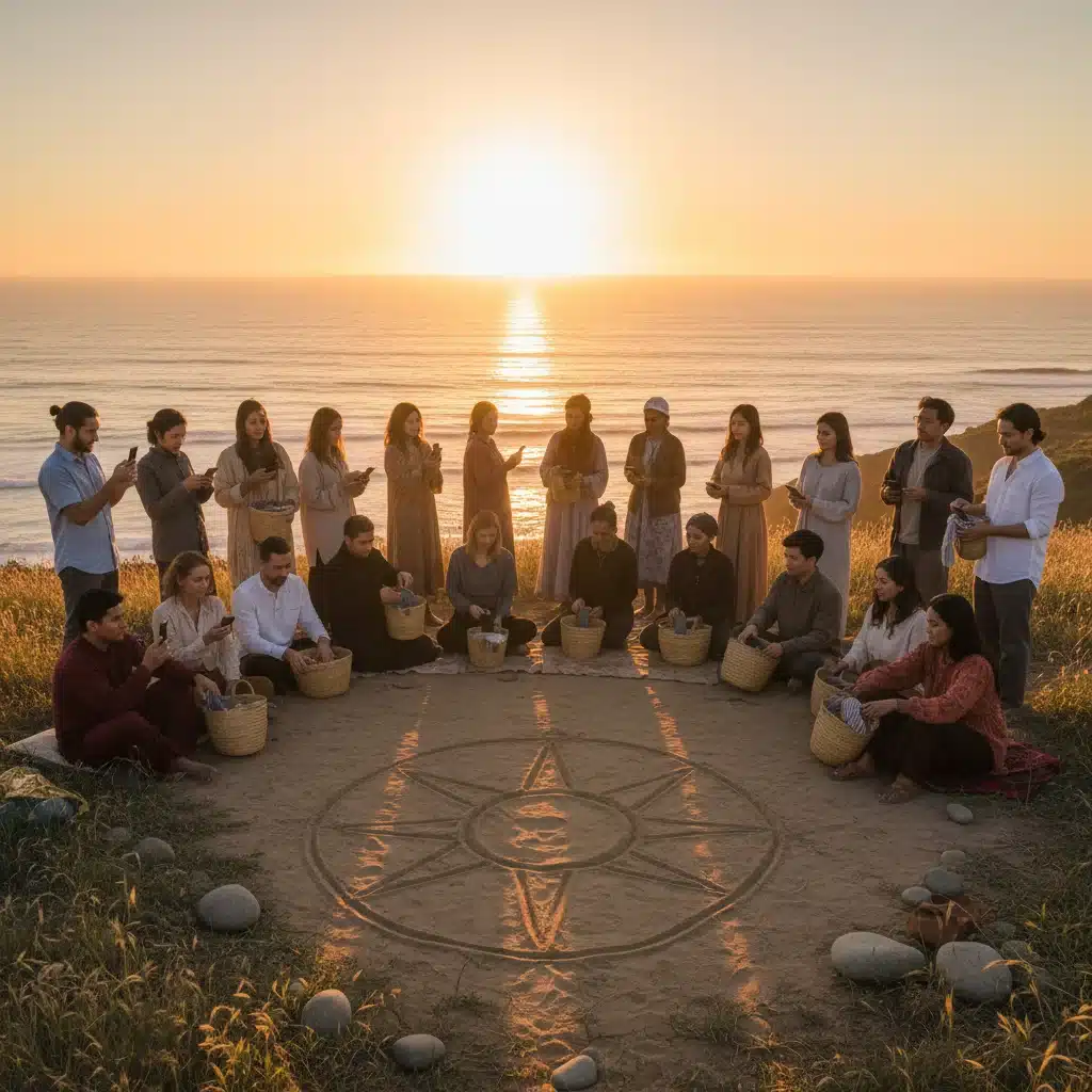 Diverse group practicing digital sunset ritual, disengaging from phones at dusk