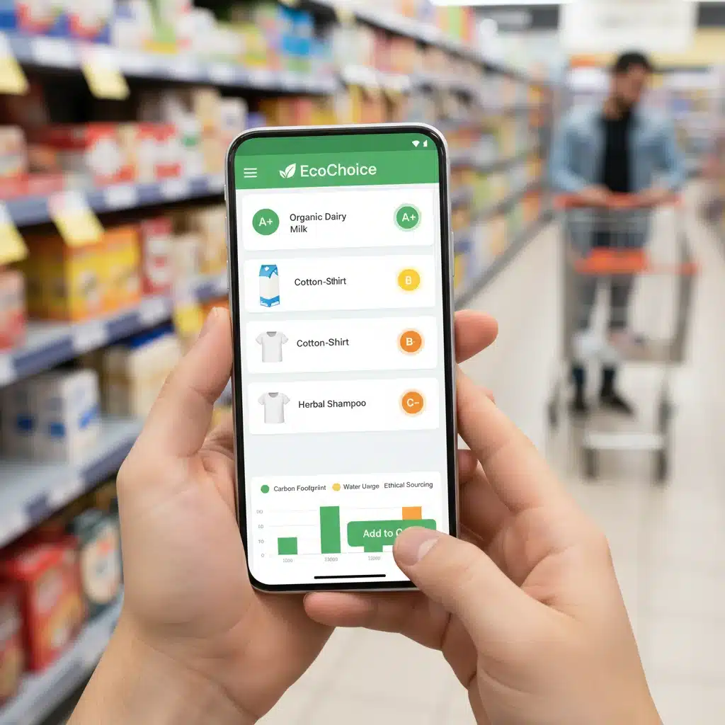 Hands holding a smartphone showing product sustainability ratings in a store aisle, symbolizing informed consumer choices.