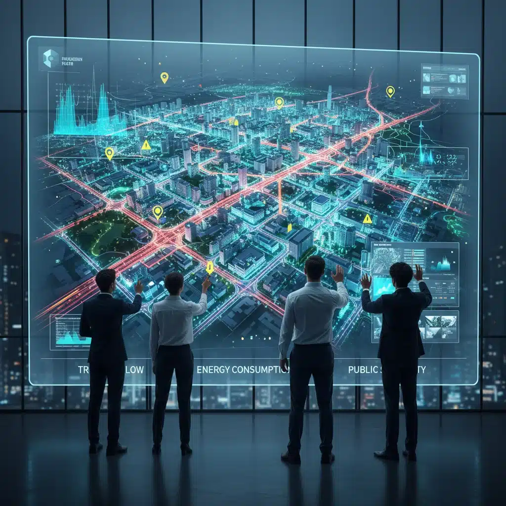 Urban planners analyzing a digital twin of a city district with real-time data
