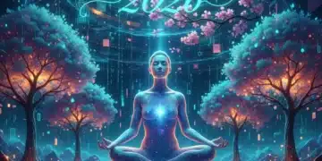 Person meditating in a futuristic digital landscape, symbolizing digital well-being in 2026
