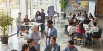 Diverse community members engaging in a modern community center, highlighting post-pandemic connection.