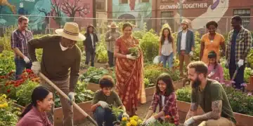 Diverse community building a garden, symbolizing shared prosperity and cultural success.
